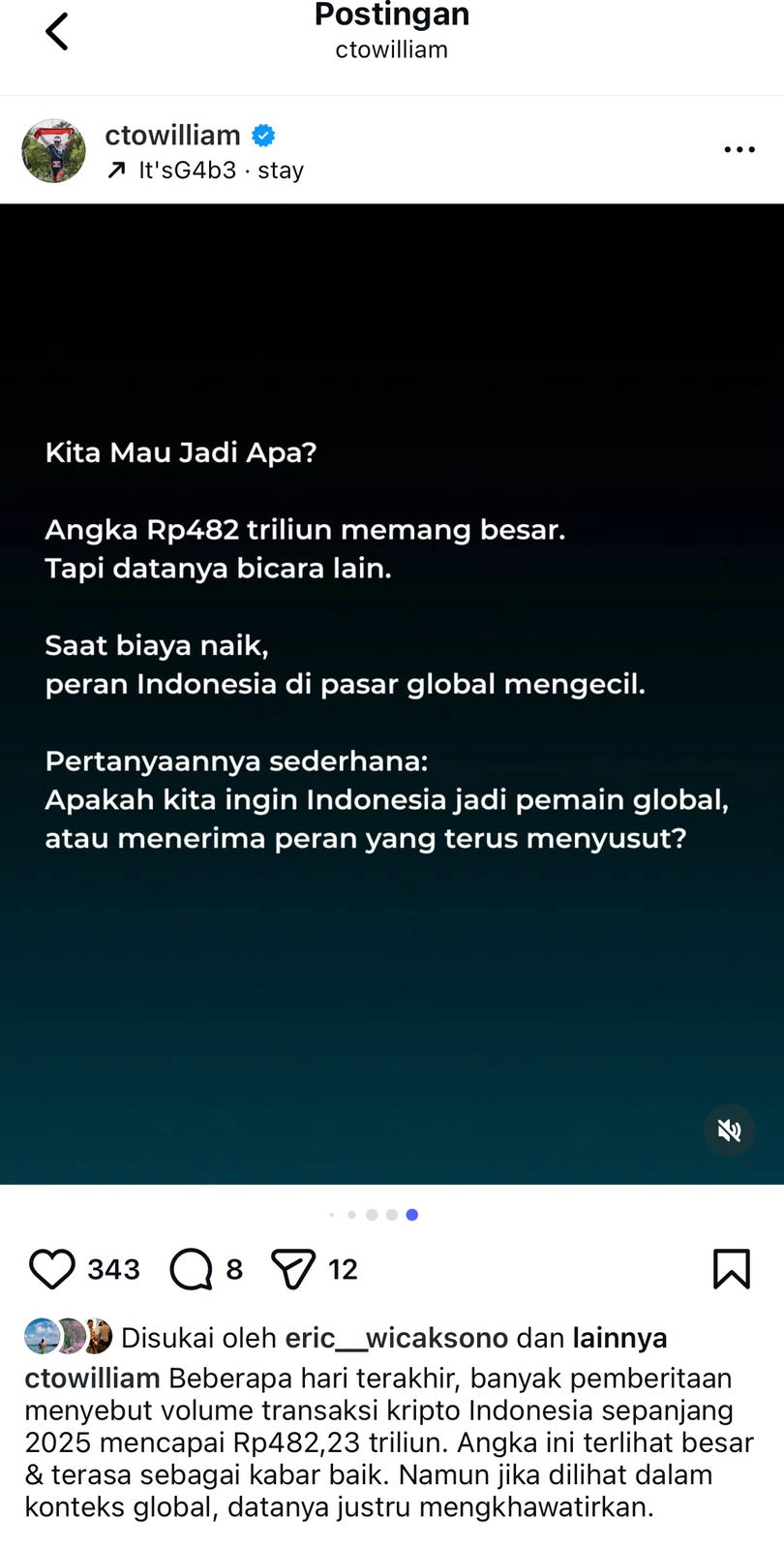 Postingan CEO Indodax William Sutanto di akun medsosnya